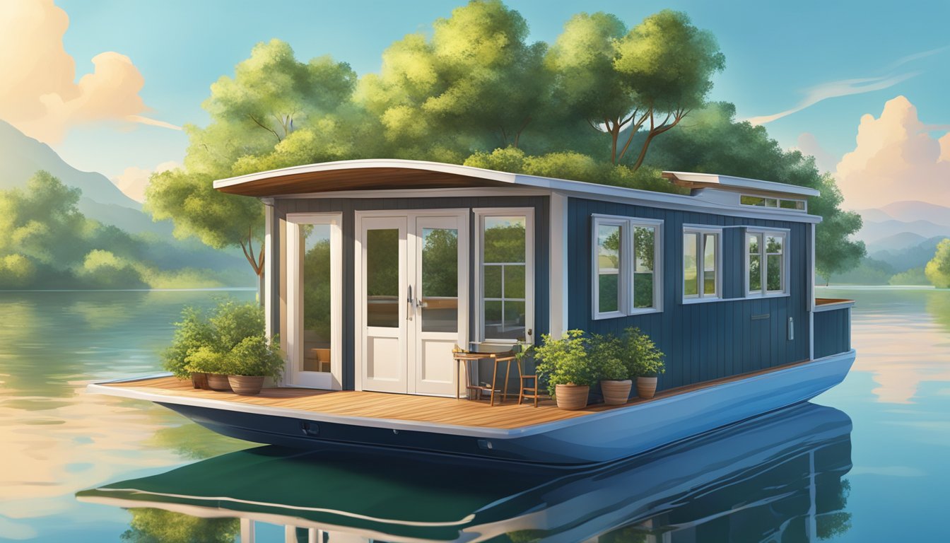 A small, cozy tiny house boat floating on calm water, surrounded by lush greenery and a clear blue sky