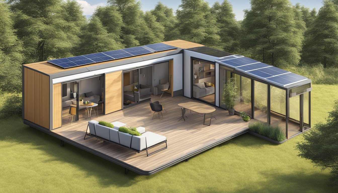 An expandable tiny house with sliding walls and folding furniture, surrounded by nature and solar panels, providing a sustainable and versatile living space