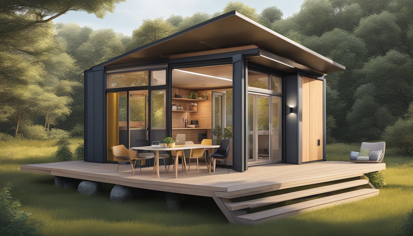 A tiny house with expandable walls, a folding roof, and modular furniture, surrounded by nature