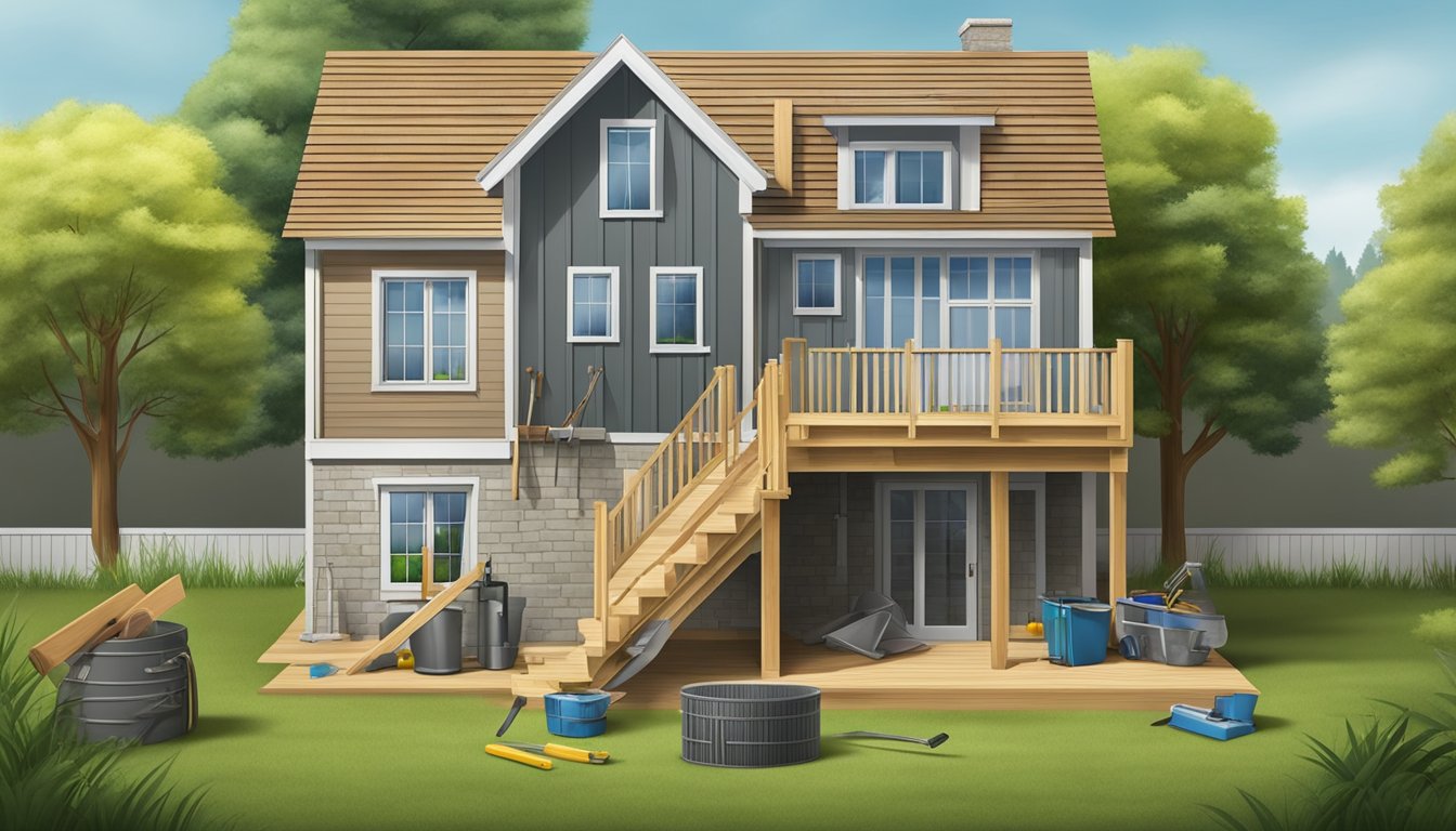 A small house with a basement being constructed on a grassy lot, surrounded by tools, building materials, and a ladder