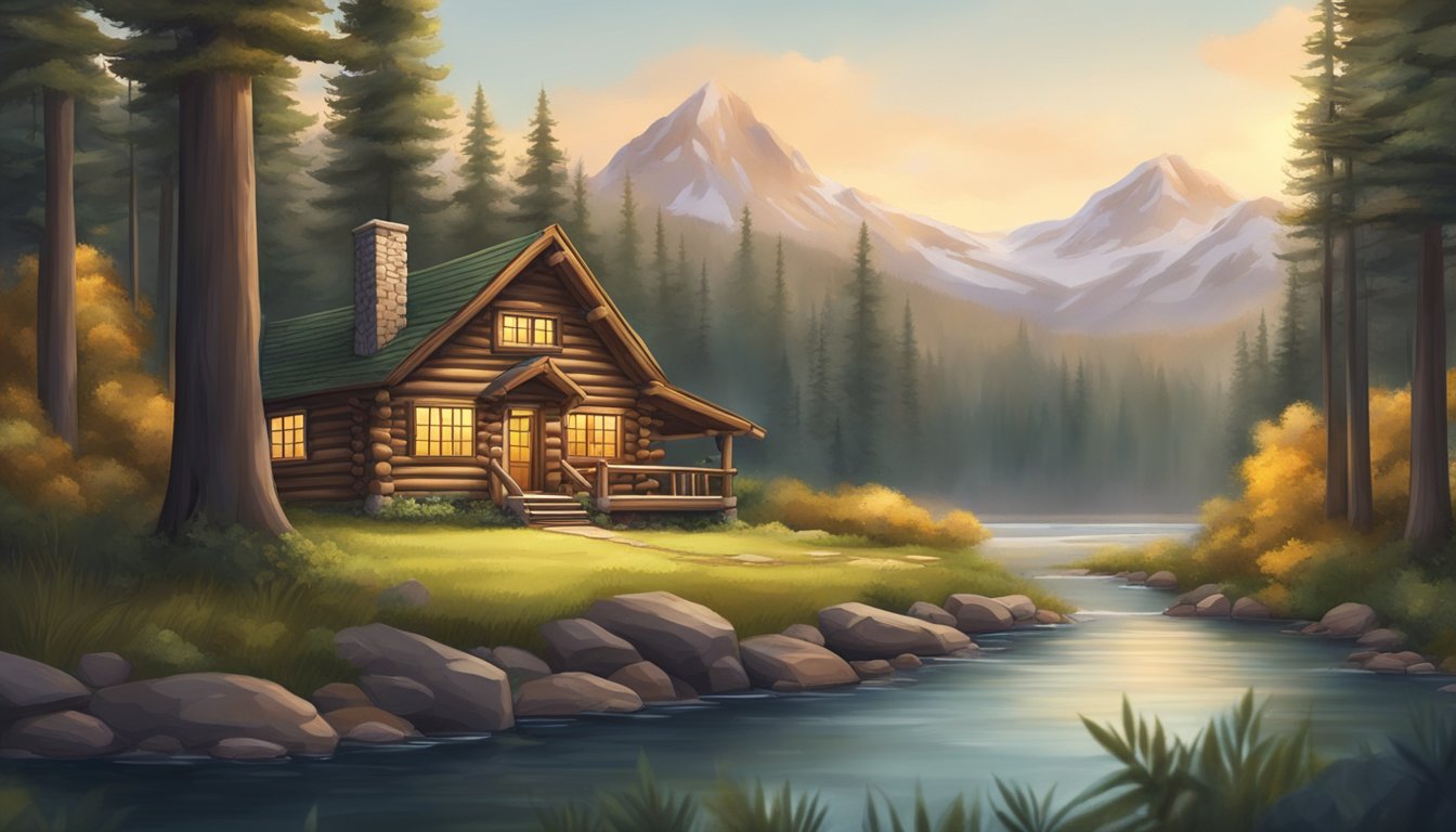 A cozy tiny log cabin nestled in a forest clearing, surrounded by tall trees and a winding river