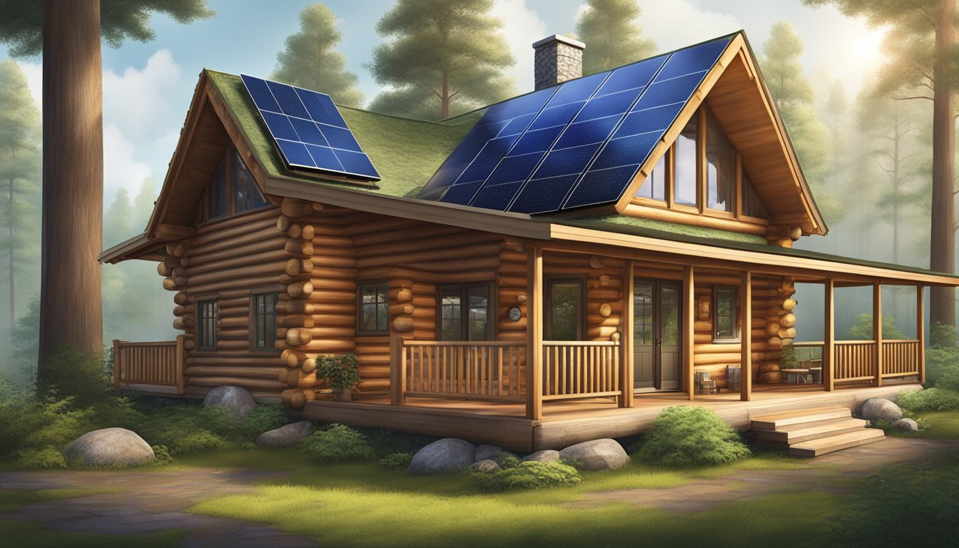 A cozy log cabin with solar panels, a rainwater collection system, and a wrap-around porch nestled in a lush forest clearing