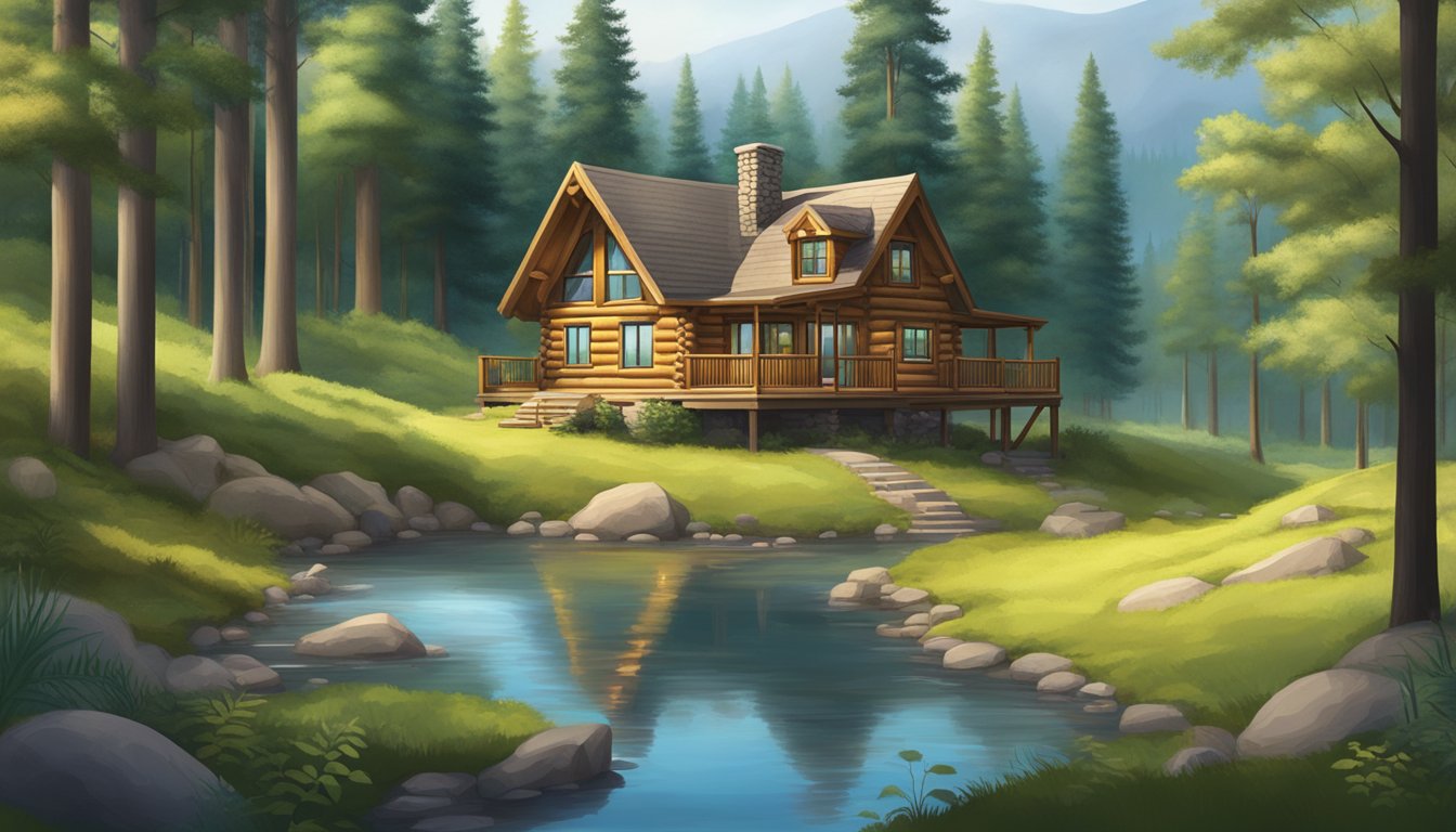 A cozy, modern tiny log cabin nestled in a lush forest clearing, surrounded by tall trees and a winding river