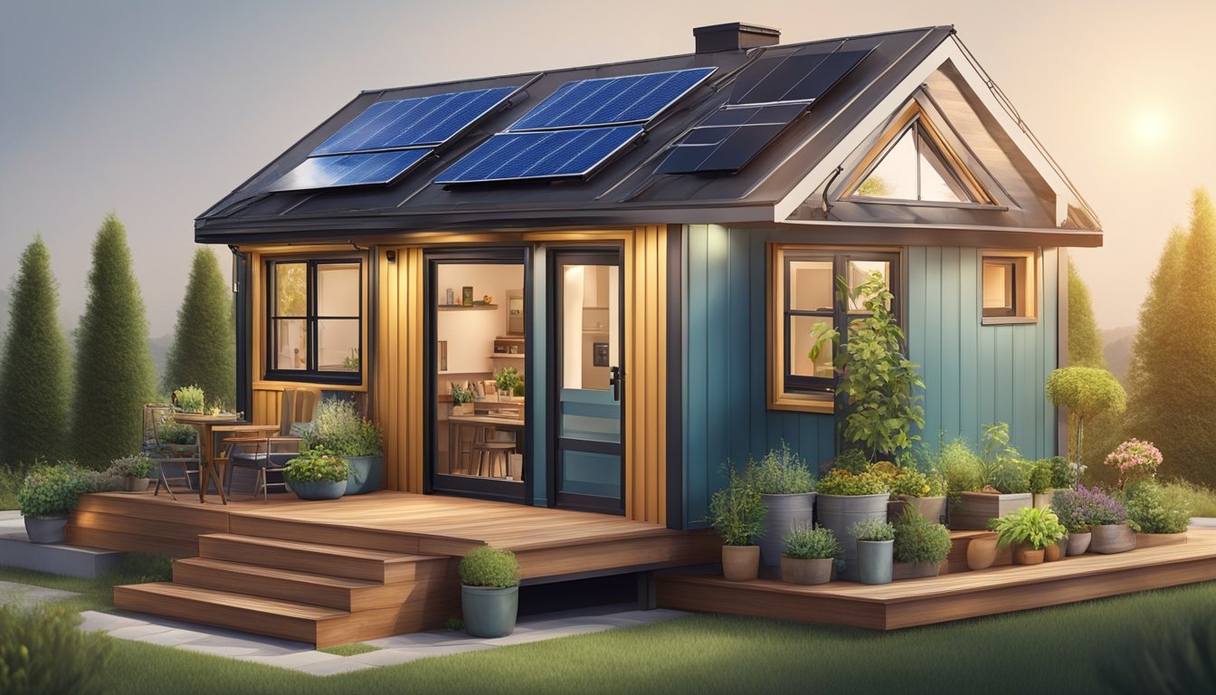 A tiny house with a rooftop deck surrounded by potted plants, solar panels, and a small garden, with a ladder leading up to the deck