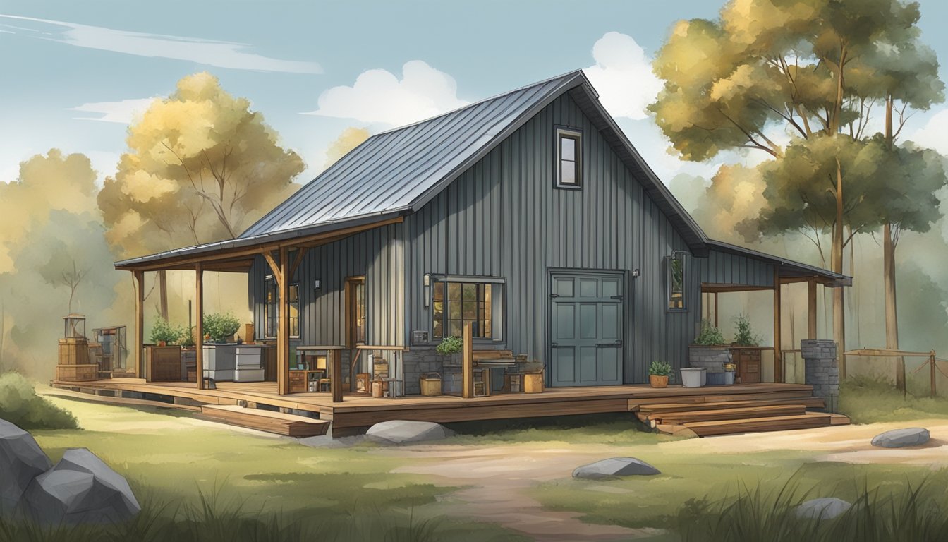 A small, rustic barndominium with metal siding and a sloped roof, surrounded by construction materials and tools