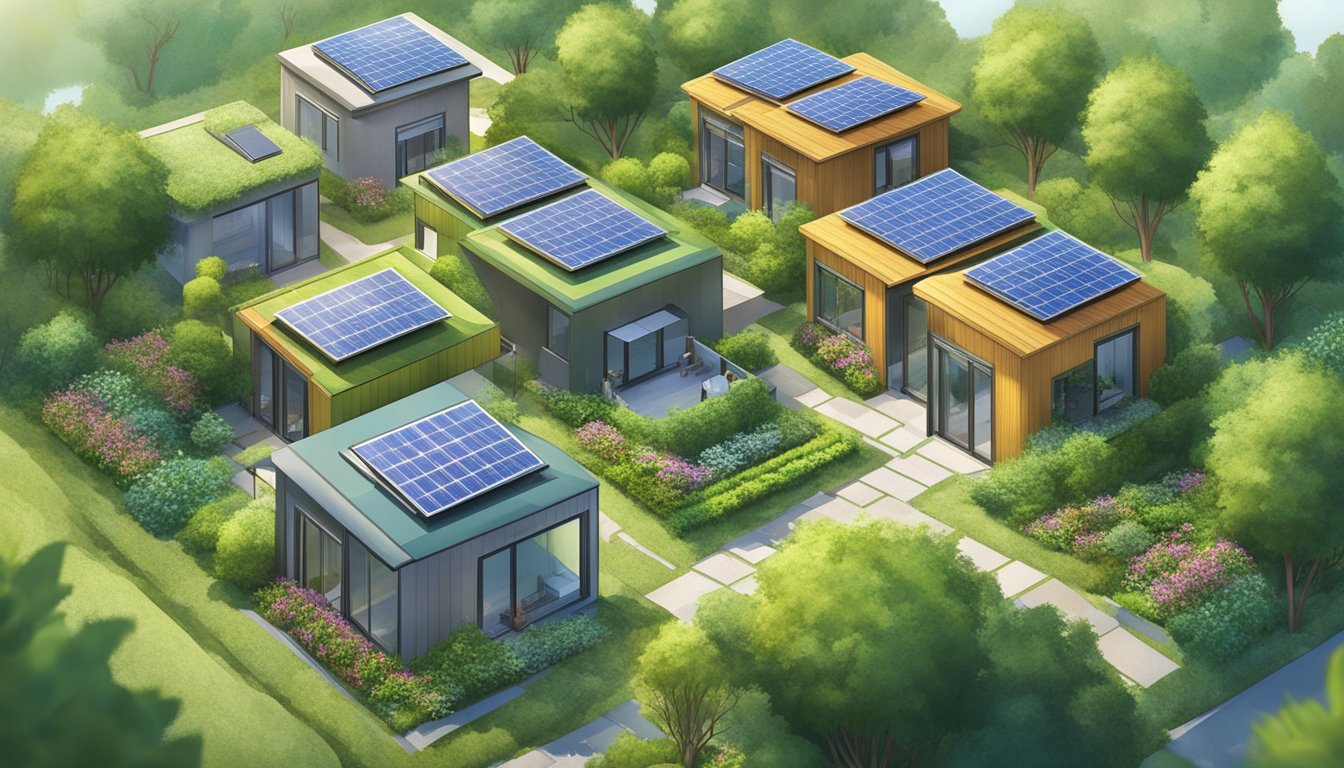 A cluster of tiny house mansions surrounded by lush greenery, with solar panels on the roofs and a communal garden