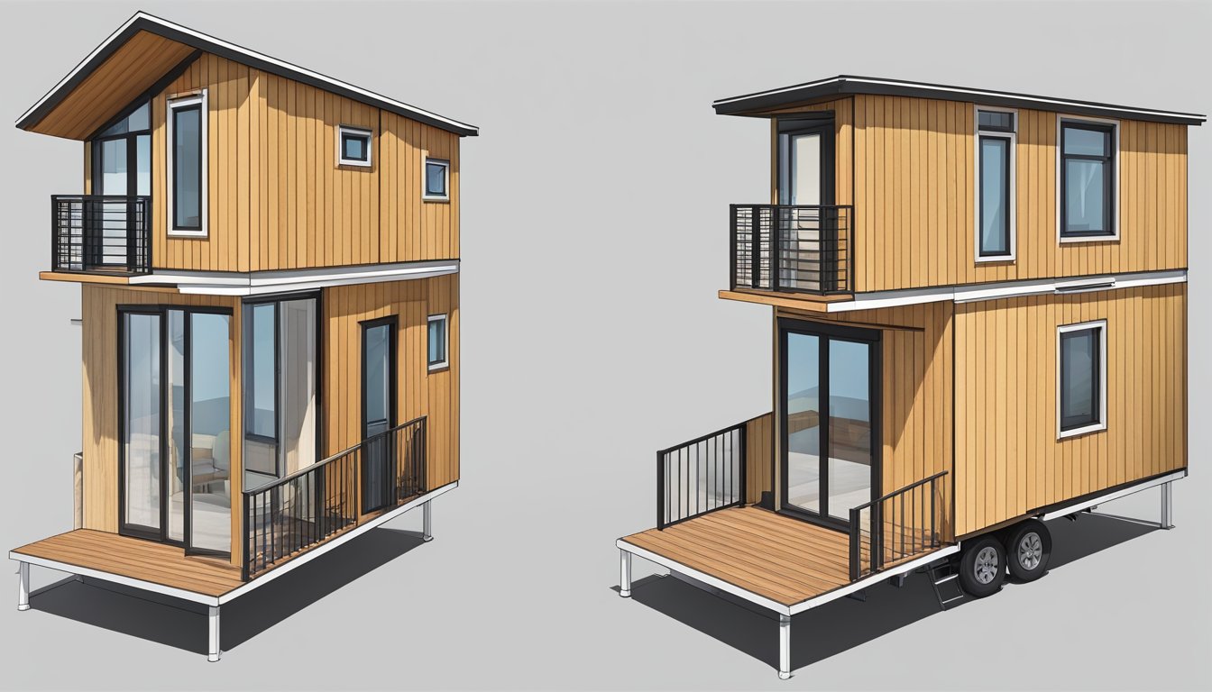 A 3-story tiny house with a sloped roof, large windows, and a small balcony on the top floor. The exterior is made of wood with a modern, minimalist design