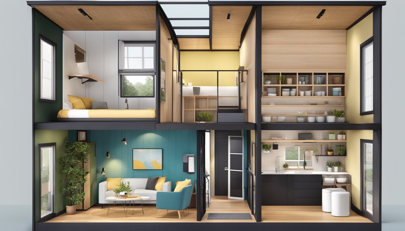 A three-story tiny house with specialized rooms: kitchen, living area, bedroom, and bathroom