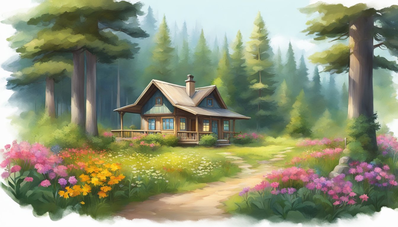 A serene forest clearing with a small, charming guest house nestled among tall trees and surrounded by colorful wildflowers