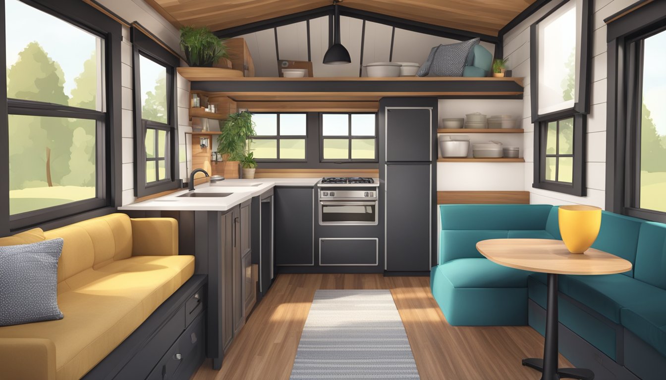 A cozy tiny house on wheels with a modern interior, featuring a comfortable seating area, compact kitchen, and a loft bedroom with large windows