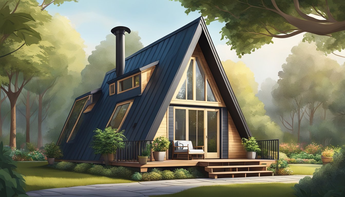 A cozy A-frame tiny house surrounded by trees, with a small patio and a garden with potted plants