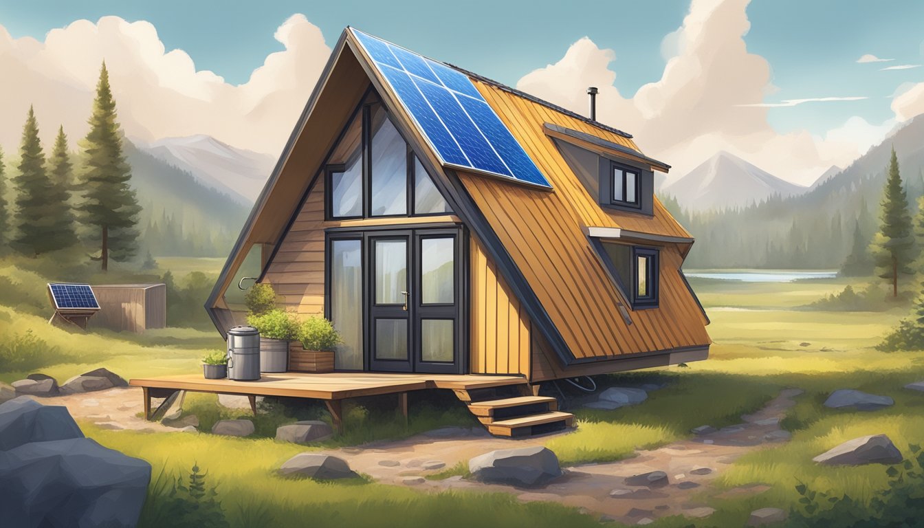 A tiny house with an A-frame design sits nestled in a remote location, surrounded by solar panels, a rainwater collection system, and a composting toilet