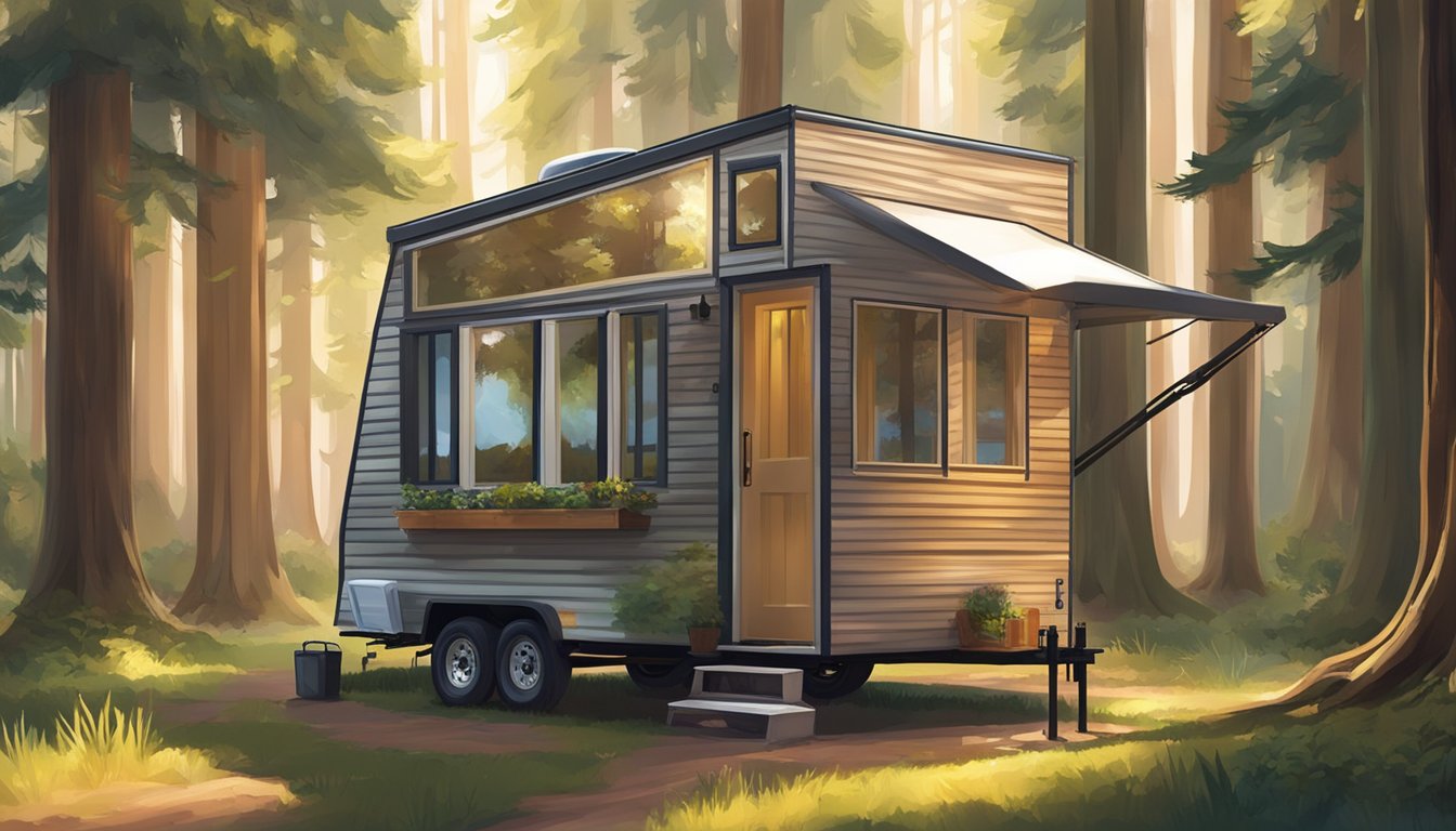 A tiny house travel trailer parked in a serene forest clearing, surrounded by tall trees and dappled sunlight filtering through the branches