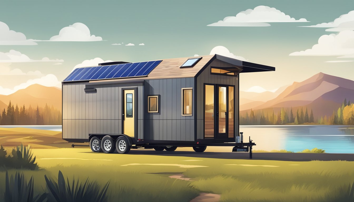 A tiny house trailer parked in a scenic landscape, showcasing its compact design and features such as solar panels and storage compartments