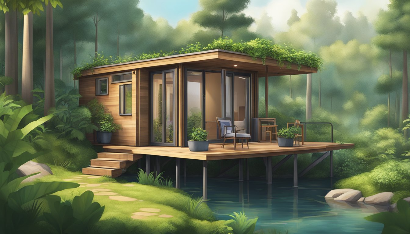 A tiny house on stilts surrounded by lush greenery and a serene natural environment