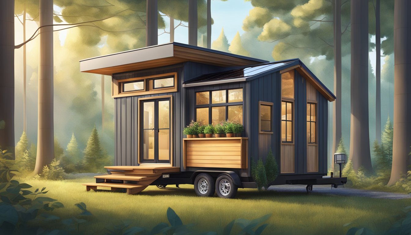 A cozy tiny house on wheels nestled in a serene forest clearing, with solar panels on the roof and a small garden surrounding it