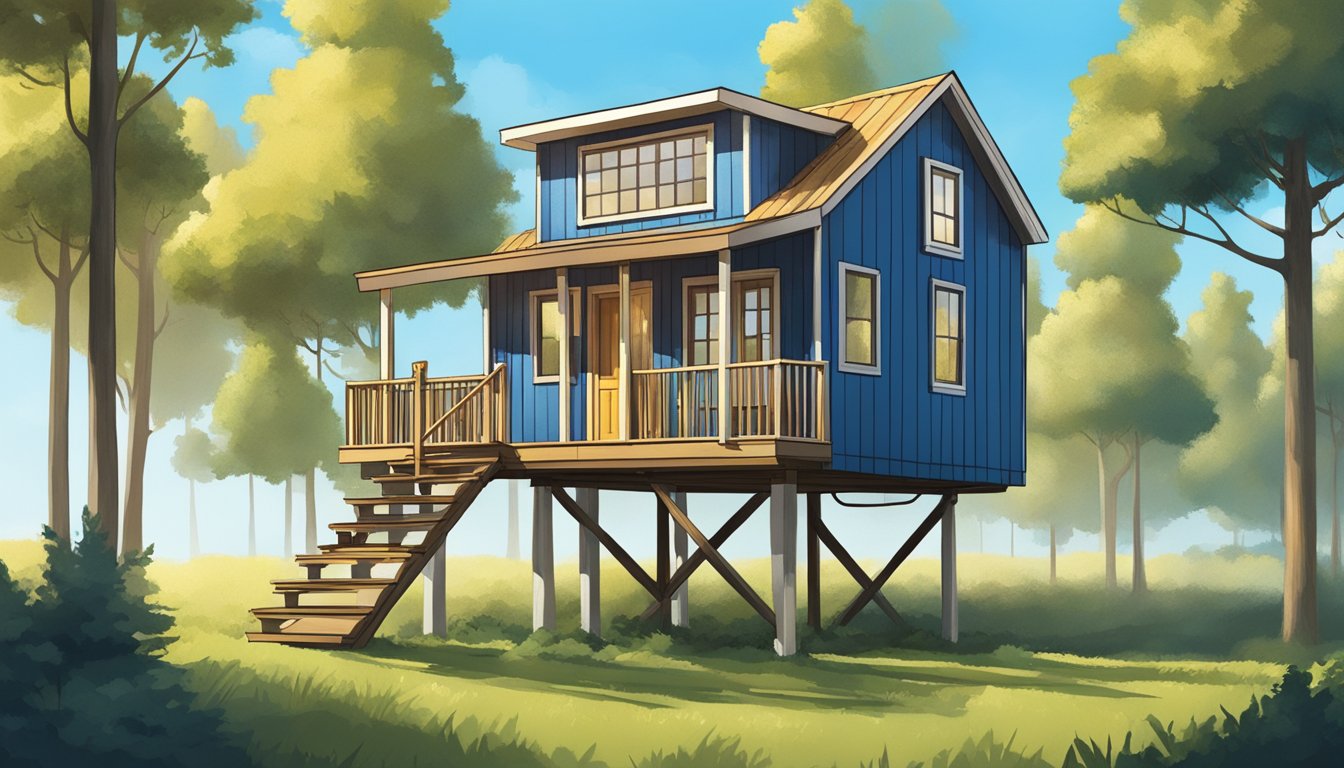 A tiny house on stilts with surrounding trees and a clear blue sky