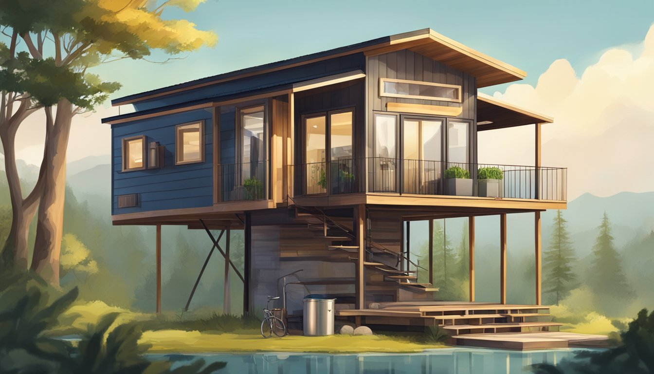 A tiny house on stilts with efficient use of space and utilities, surrounded by natural scenery