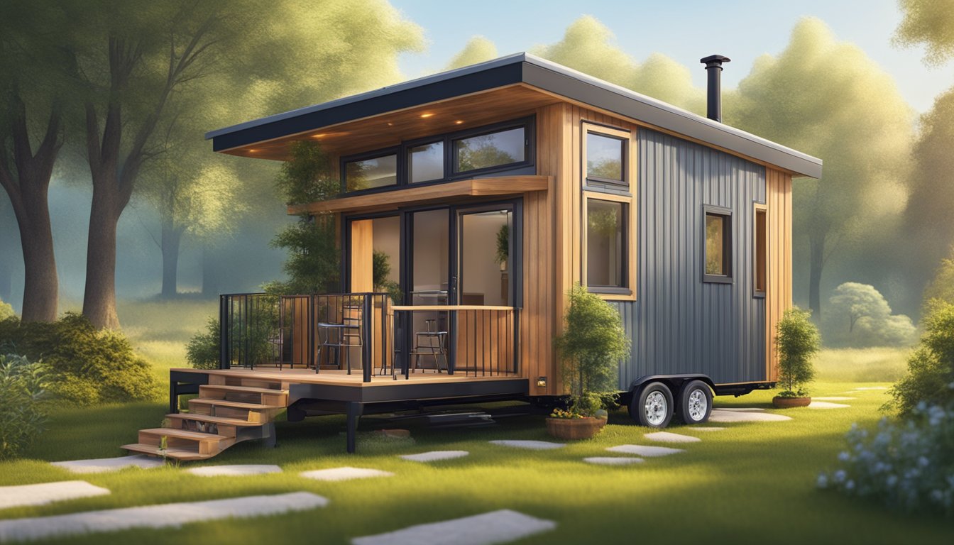 A cozy tiny house on wheels, surrounded by nature, with solar panels on the roof and a small garden in front