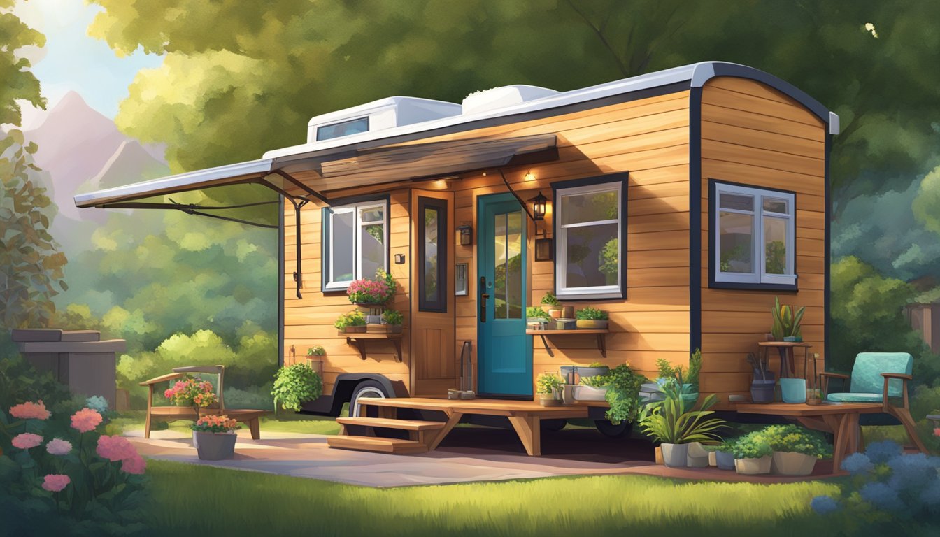 A cozy tiny house travel trailer parked in a vibrant community with outdoor seating and lush greenery