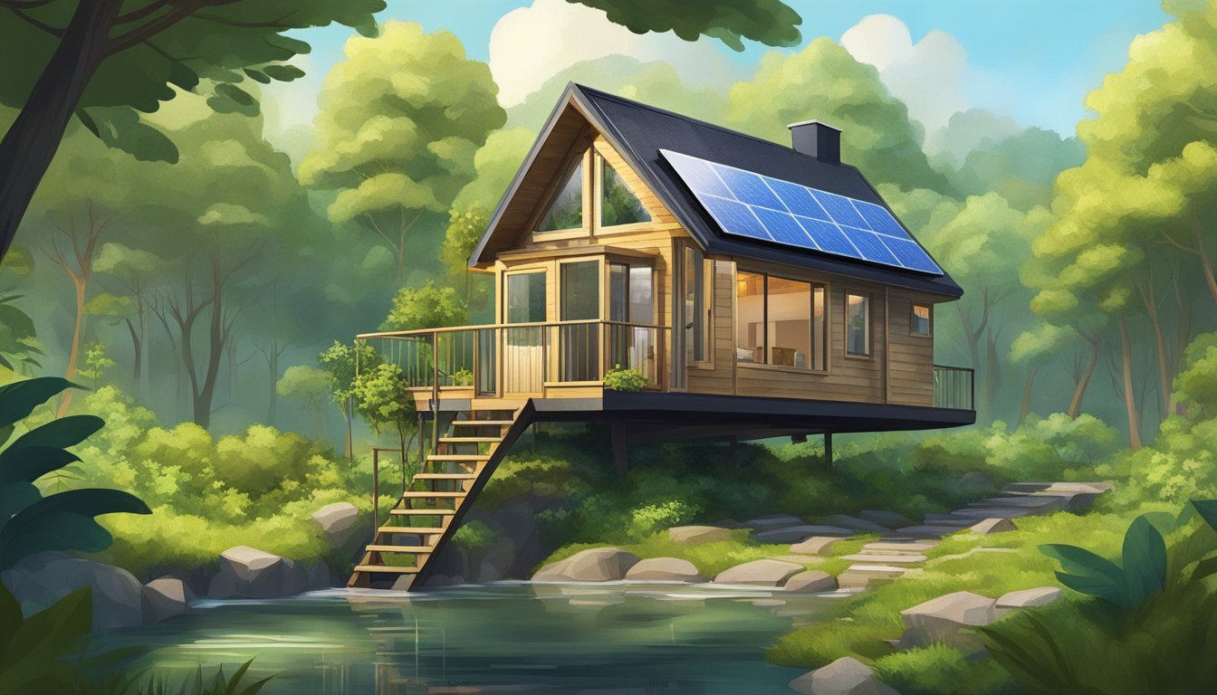 A tiny house on stilts nestled in a lush forest, with a small garden and solar panels on the roof