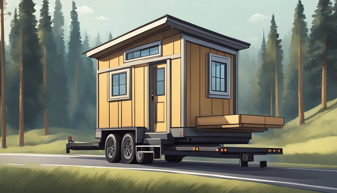 A tiny house on wheels being delivered to a remote location by a flatbed truck