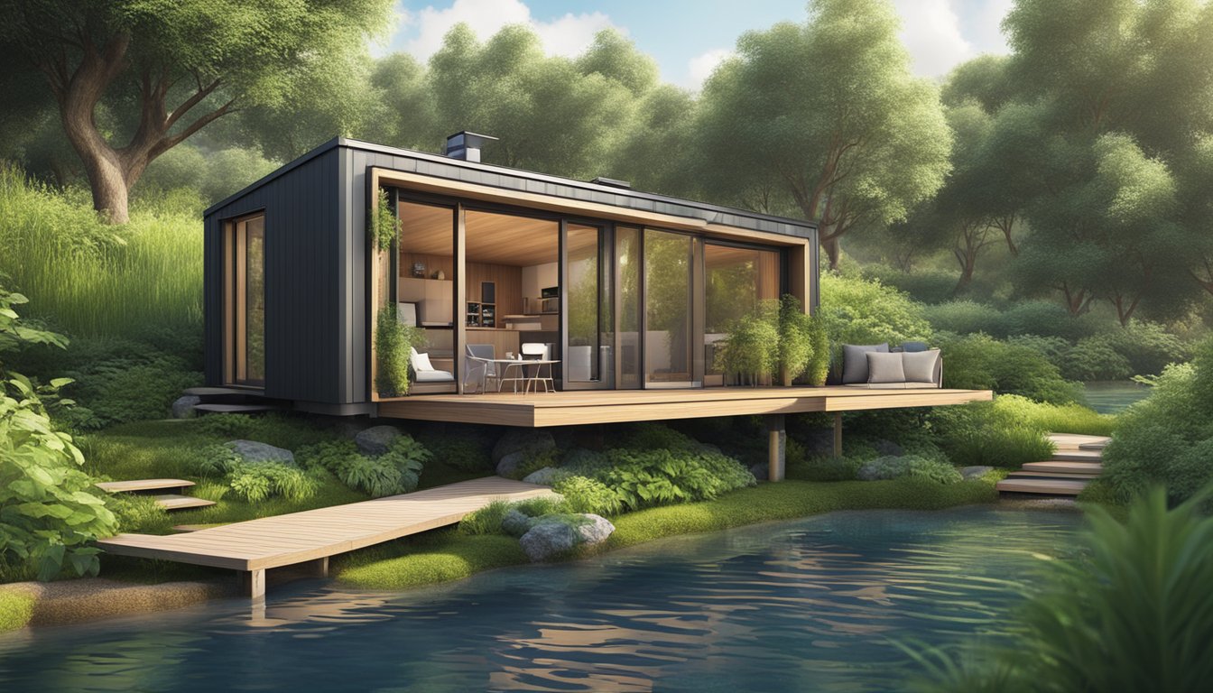 A tiny house on stilts with a modern design and large windows, surrounded by lush greenery and a small stream running underneath