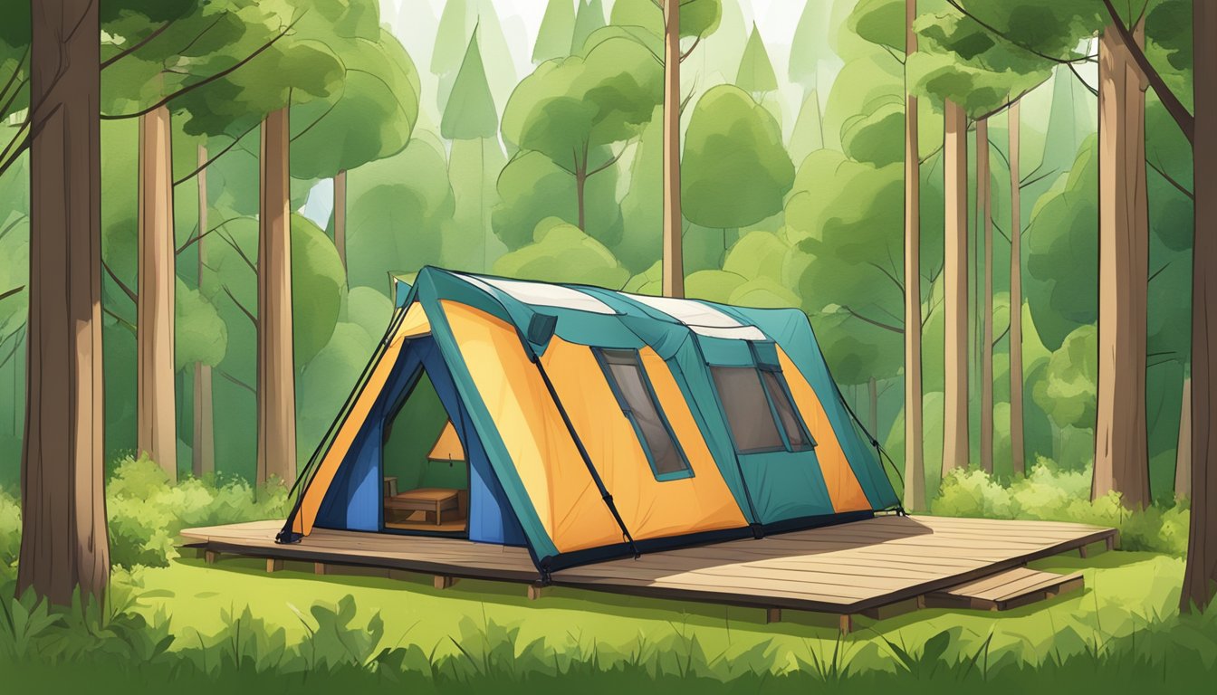 A tiny house inflatable tent set up in a lush green forest clearing, with a small porch and windows, surrounded by tall trees