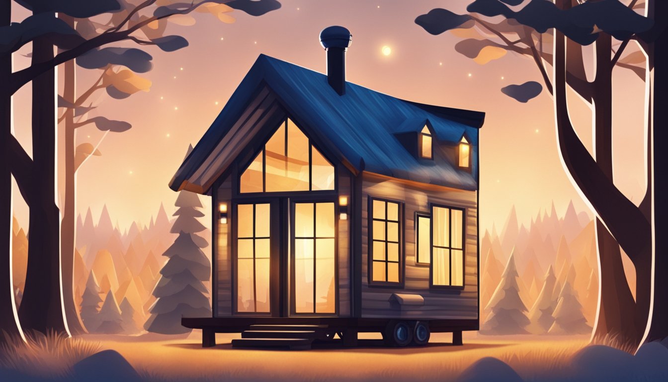 A cozy tiny house inflatable tent nestled among tall trees with a glowing lantern and open windows