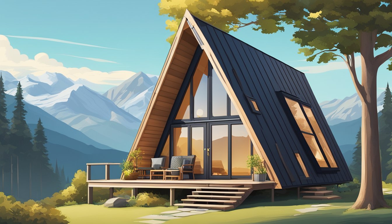 An A-frame tiny house surrounded by trees, with a small porch and large windows, set against a backdrop of mountains and a clear blue sky