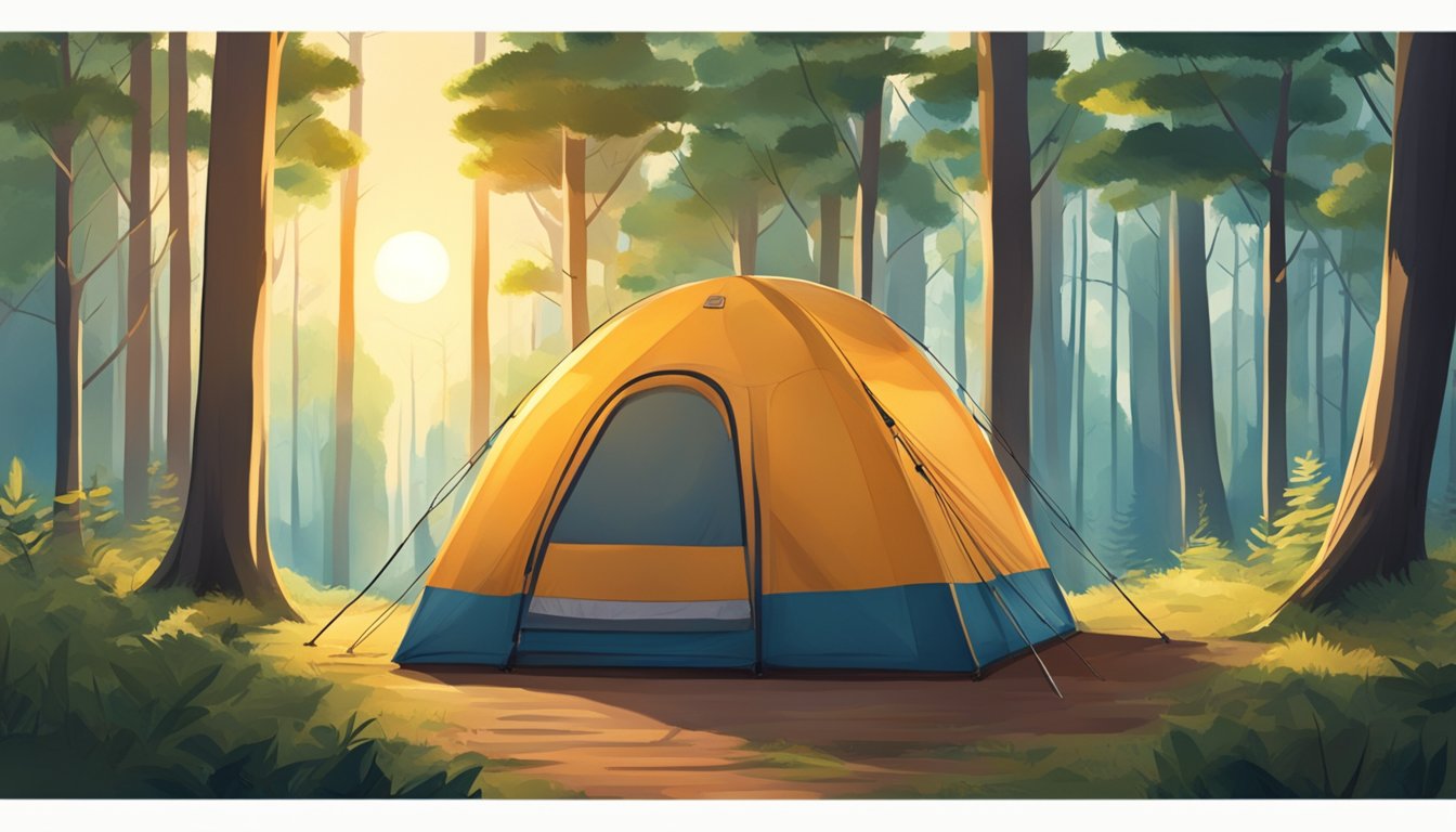 A cozy inflatable tent nestled in a lush forest clearing, surrounded by towering trees and a crackling campfire, with the sun setting in the distance