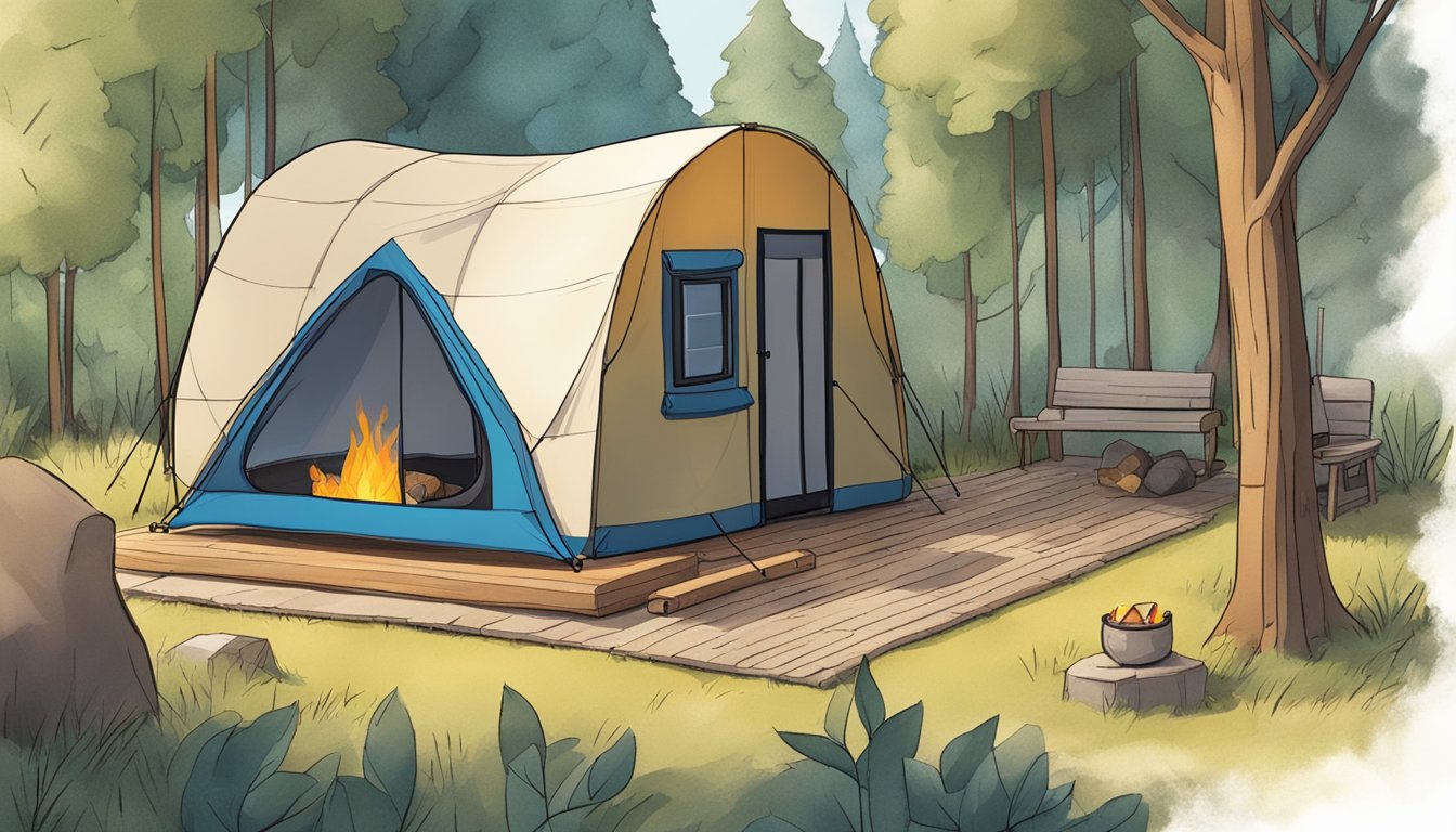 An inflatable tent sits next to a tiny house, surrounded by trees and a small campfire