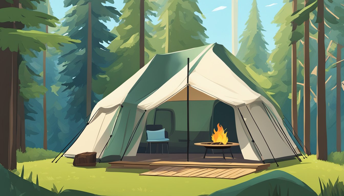 A tiny house inflatable tent set up in a lush green forest, with a small fire pit and camping chairs outside, surrounded by tall trees and a clear blue sky