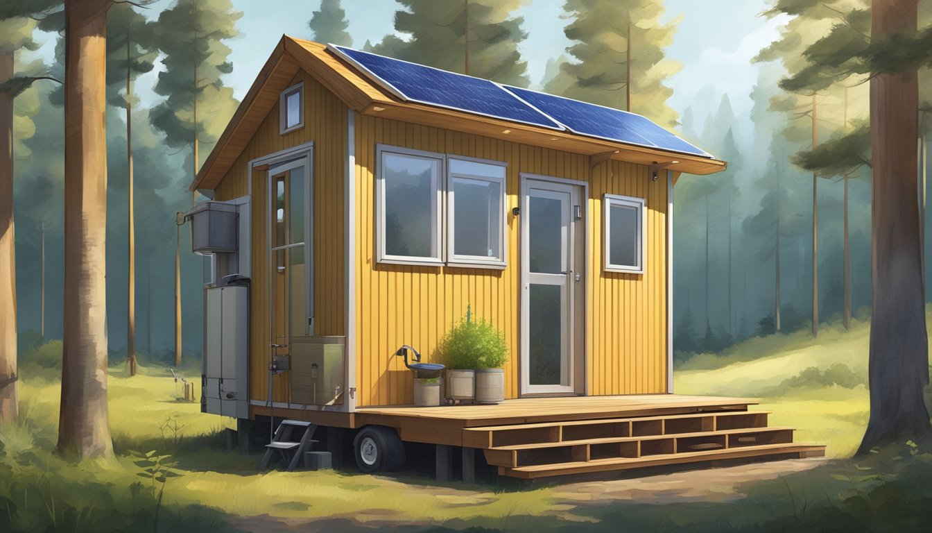 A small, off-grid tiny house with solar panels and a composting toilet, nestled in a forest clearing with a small wind turbine nearby