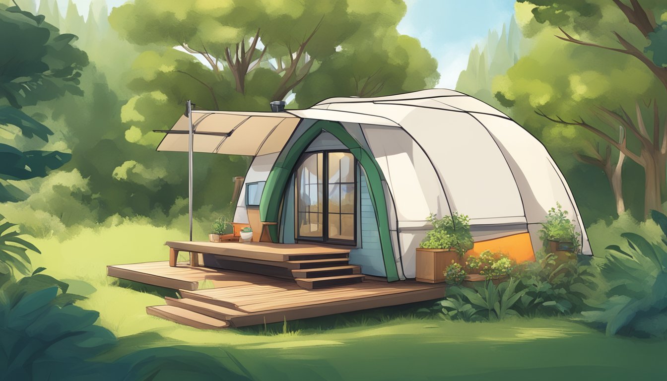 A cozy tiny house inflatable tent nestled in a serene natural setting, surrounded by lush greenery and a clear blue sky