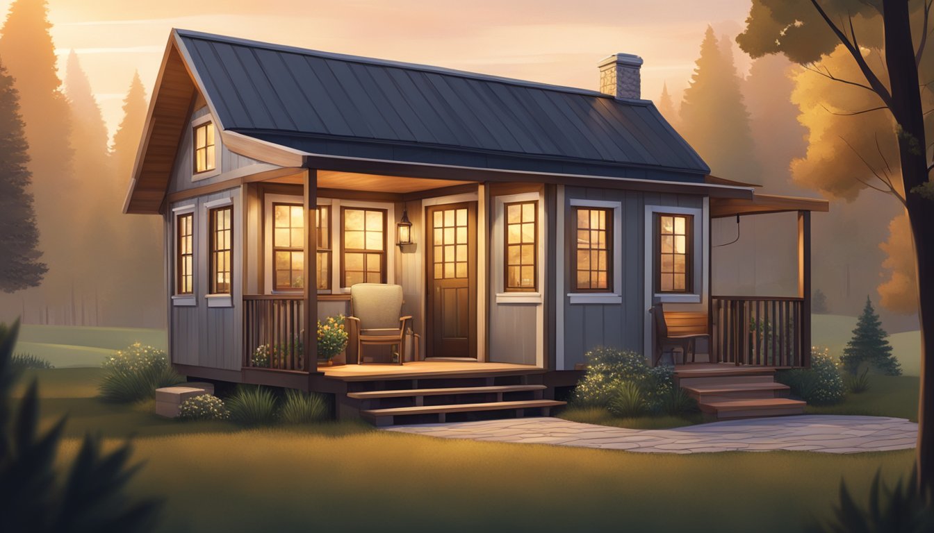 A cozy tiny house nestled in a serene natural setting, with a warm glow emanating from the windows and a welcoming front porch