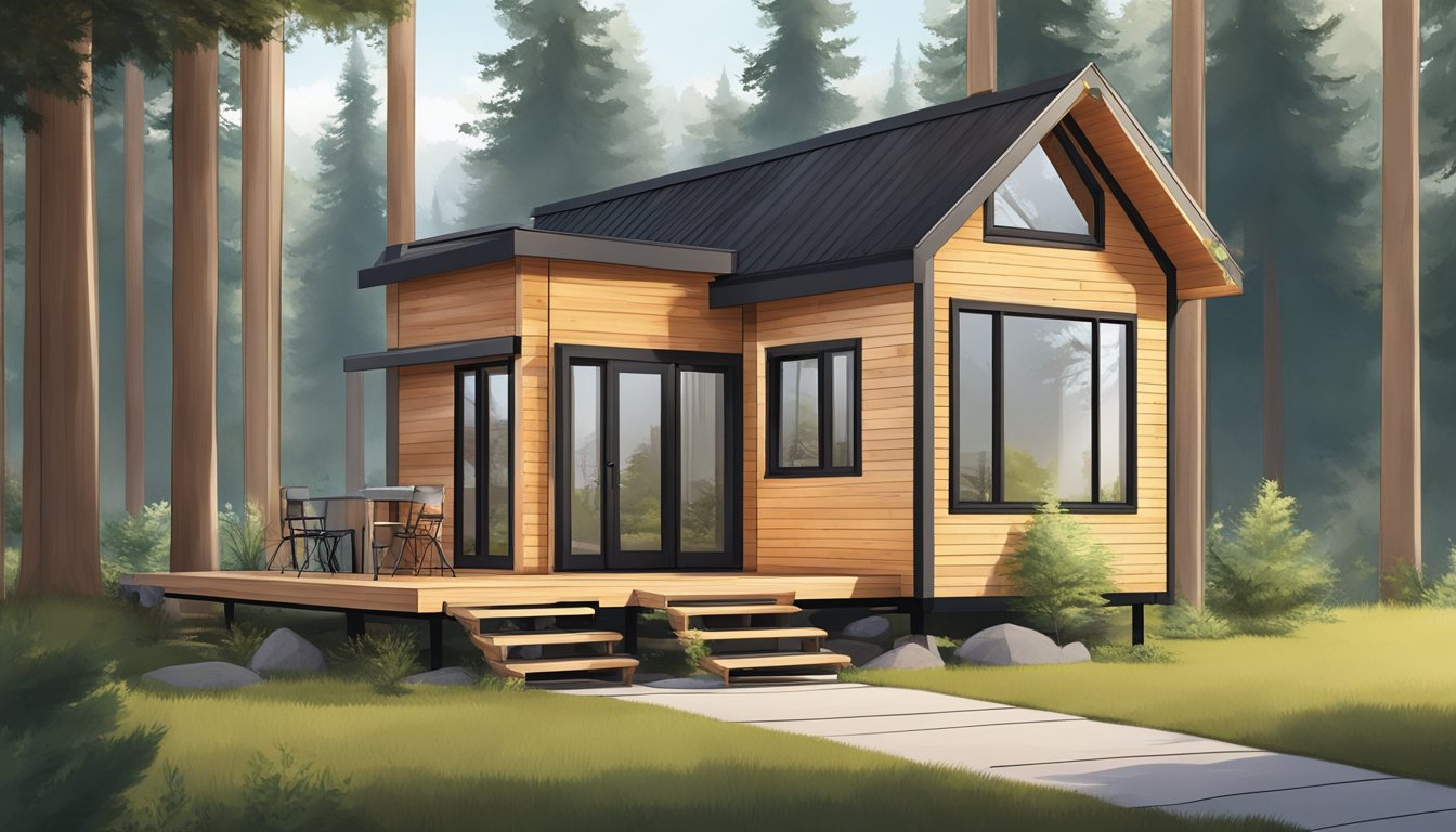 A two-story tiny house with clean lines, large windows, and a compact footprint, nestled among tall trees in a serene natural setting