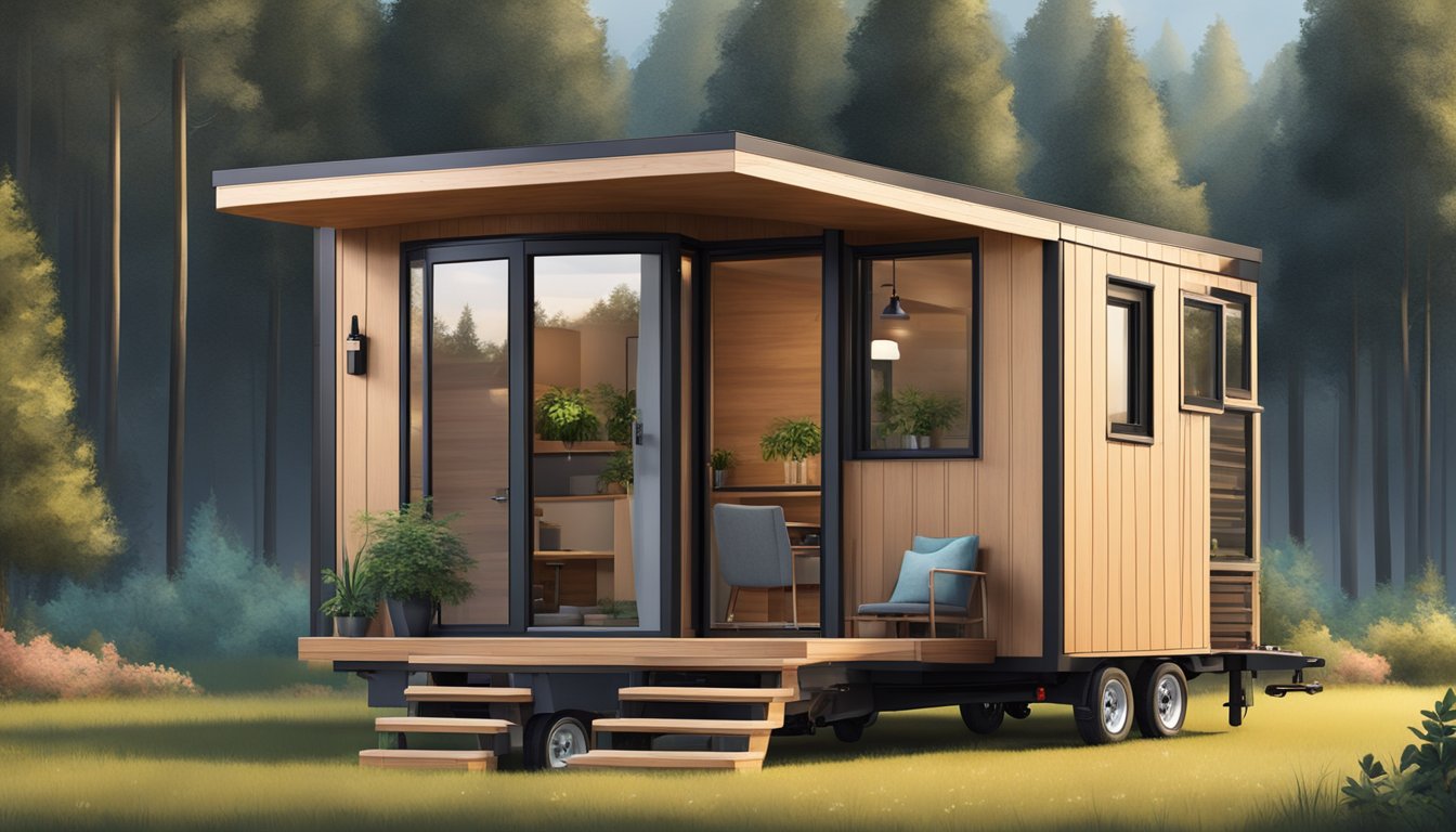 A cozy tiny house on wheels with modern design and functional layout, surrounded by nature and parked in a tranquil setting