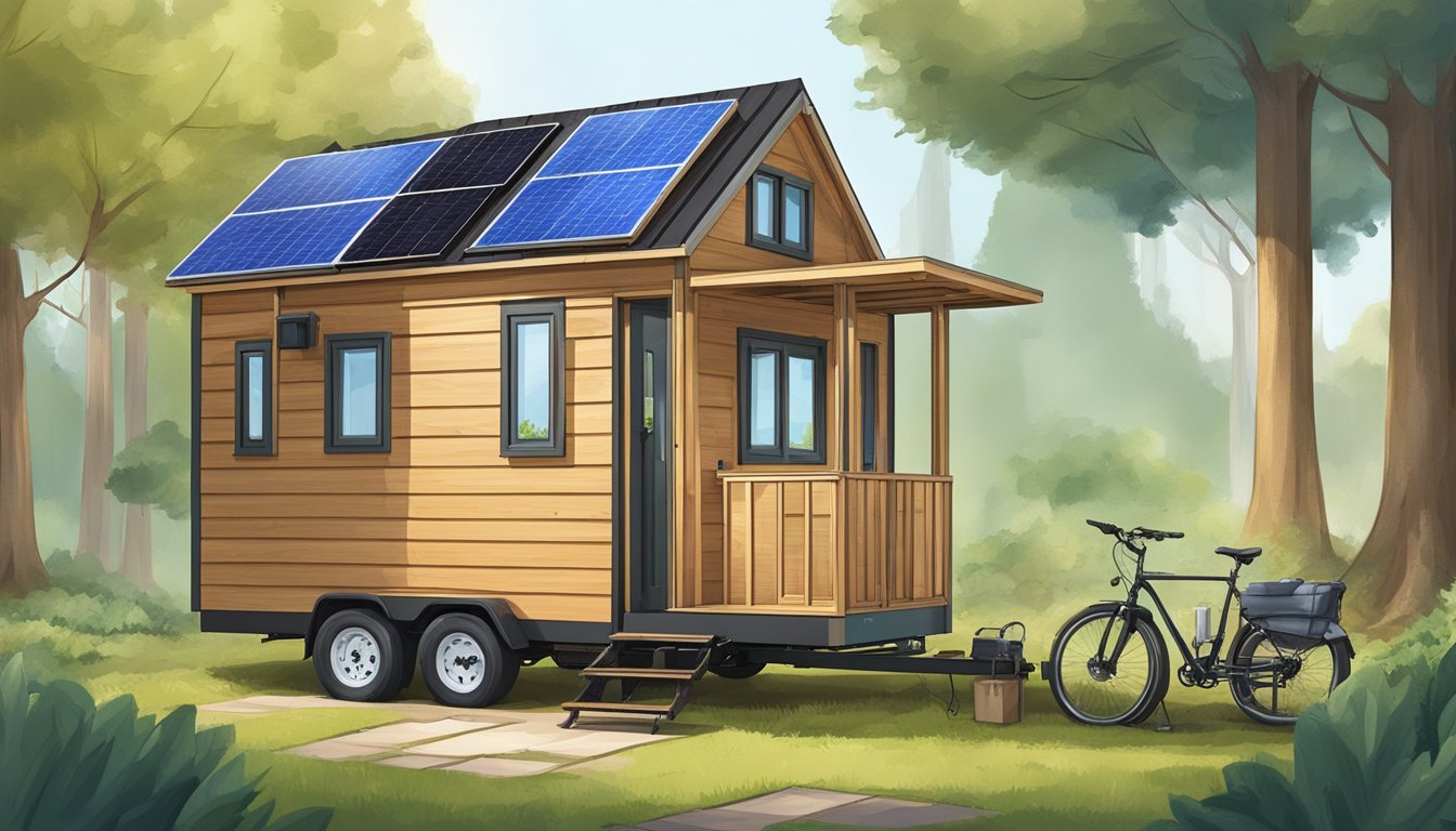 A tiny house on wheels surrounded by trees and solar panels, with a composting toilet and rainwater collection system