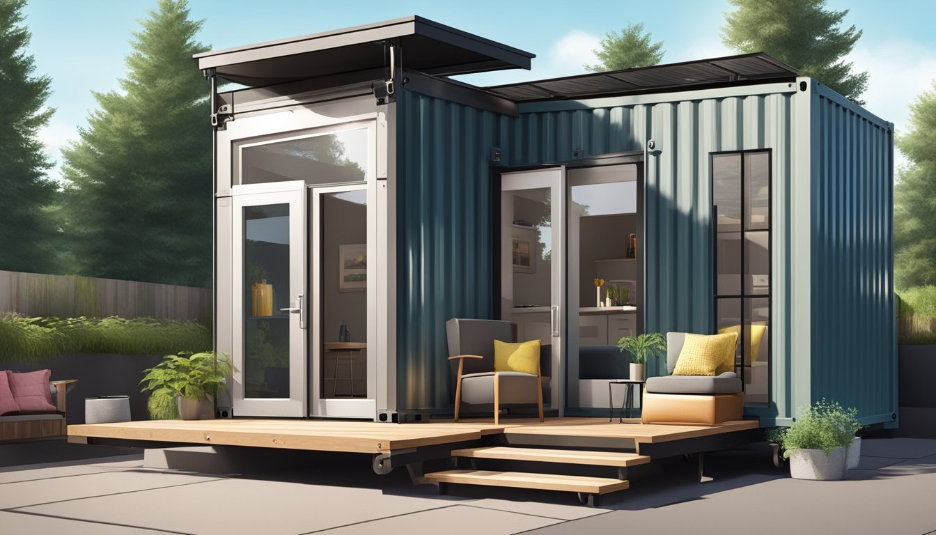 The tiny house shipping container features a modern interior with a loft bed, kitchen, and bathroom. The exterior has a sleek, industrial design with large windows and a small outdoor patio