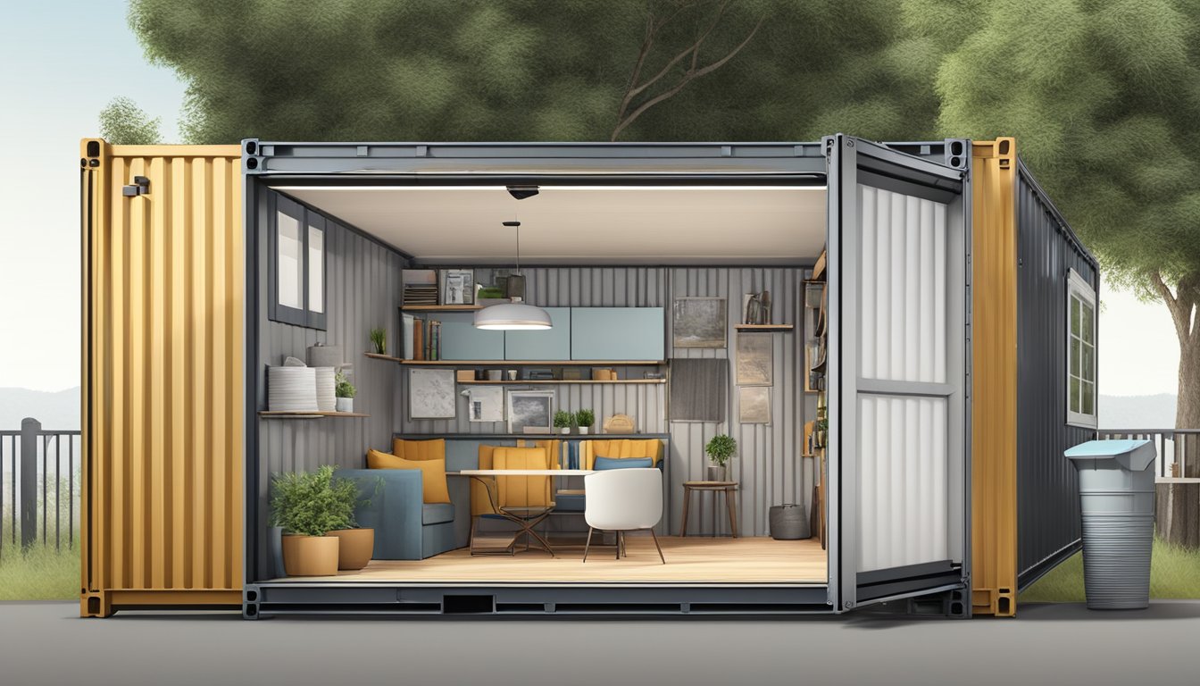 A tiny house made from a shipping container, surrounded by legal documents and regulations