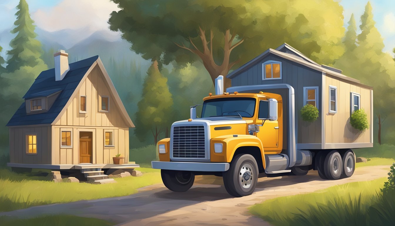 A truck towing a tiny house arrives at a peaceful countryside, ready for placement on a secluded plot of land