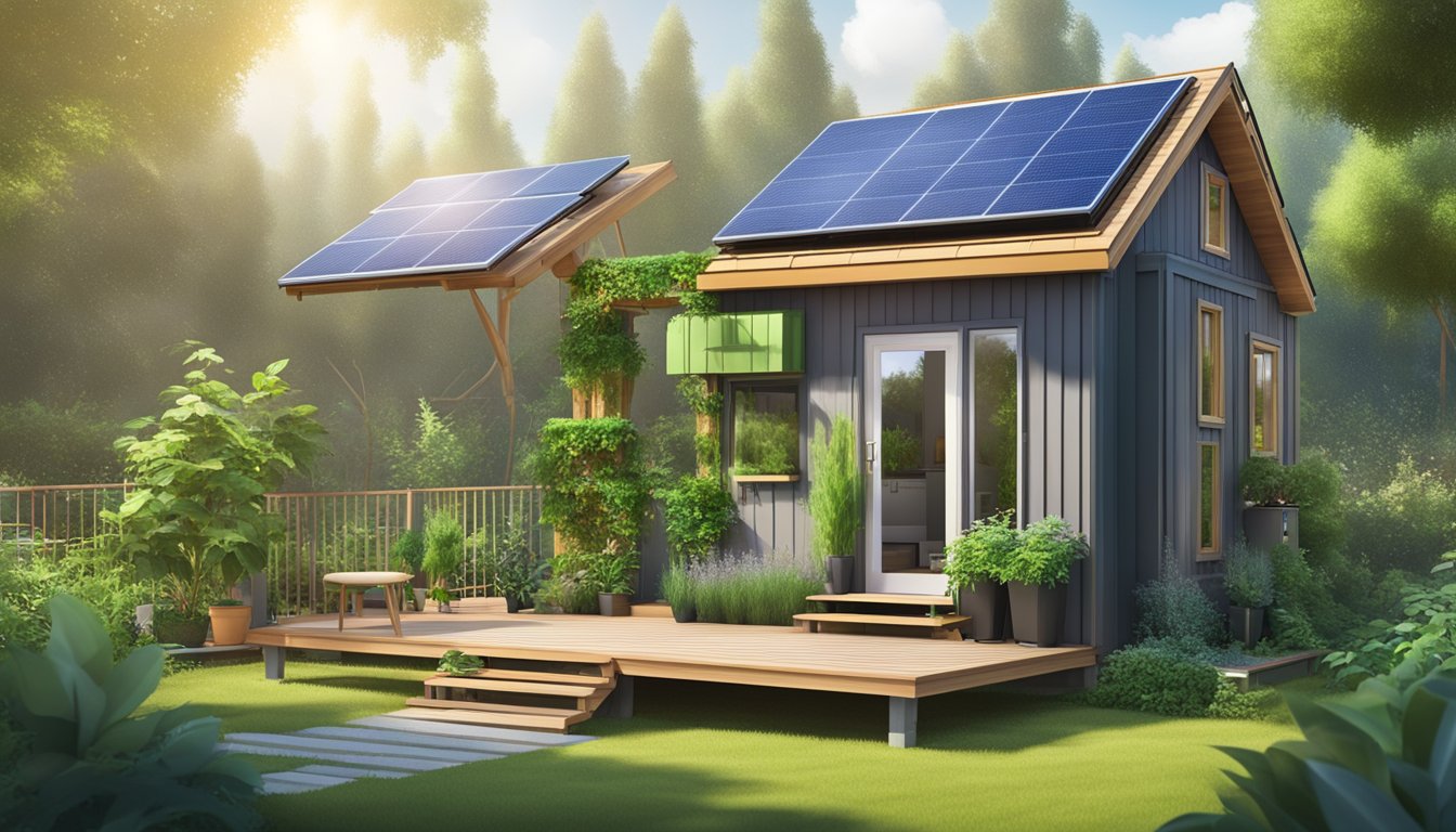 A two-story tiny house surrounded by lush greenery and solar panels, with a rainwater collection system and a small vegetable garden