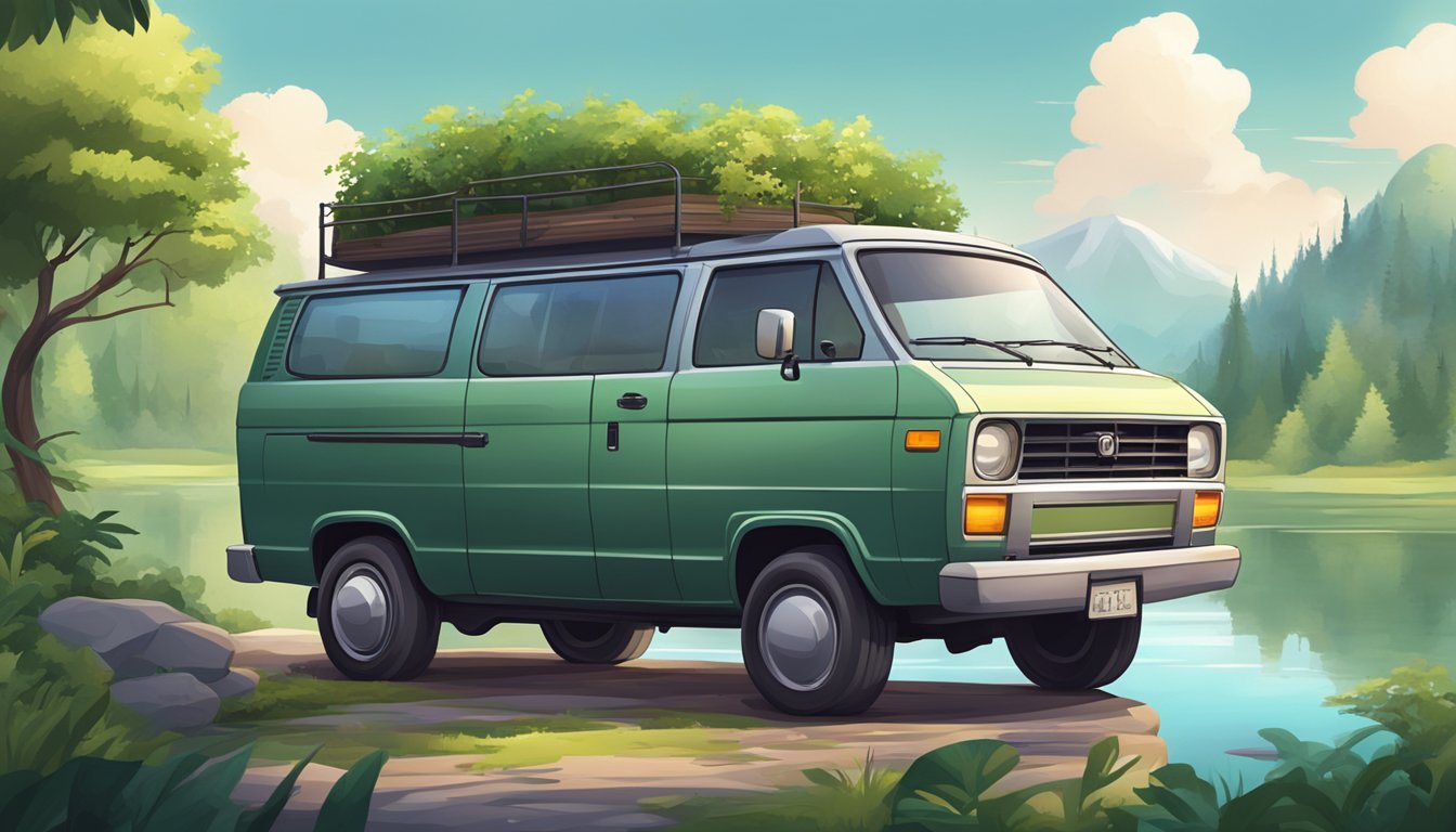 A cozy, compact van with a raised roof and large windows, surrounded by lush greenery and parked near a serene lake