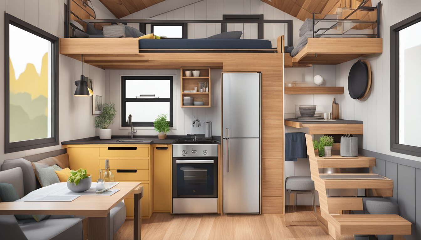 A cozy tiny house with a functional layout, featuring a compact kitchen, a fold-out bed, and a multipurpose living space