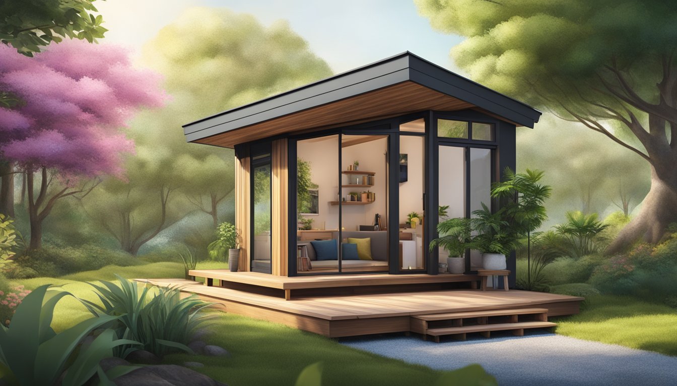 A serene zen tiny house nestled in a tranquil natural setting, surrounded by lush greenery and a peaceful atmosphere