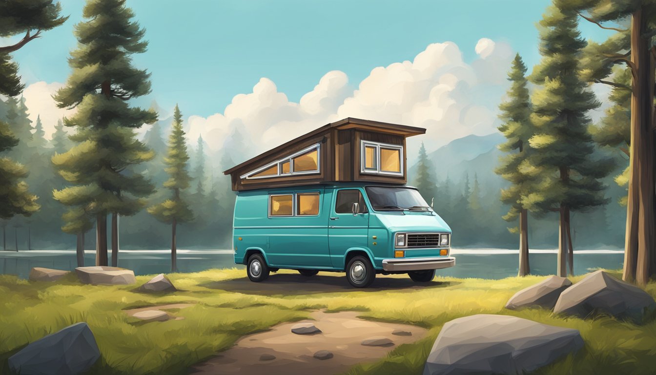 A tiny house van parked in a serene natural setting, surrounded by trees and with a clear view of the sky