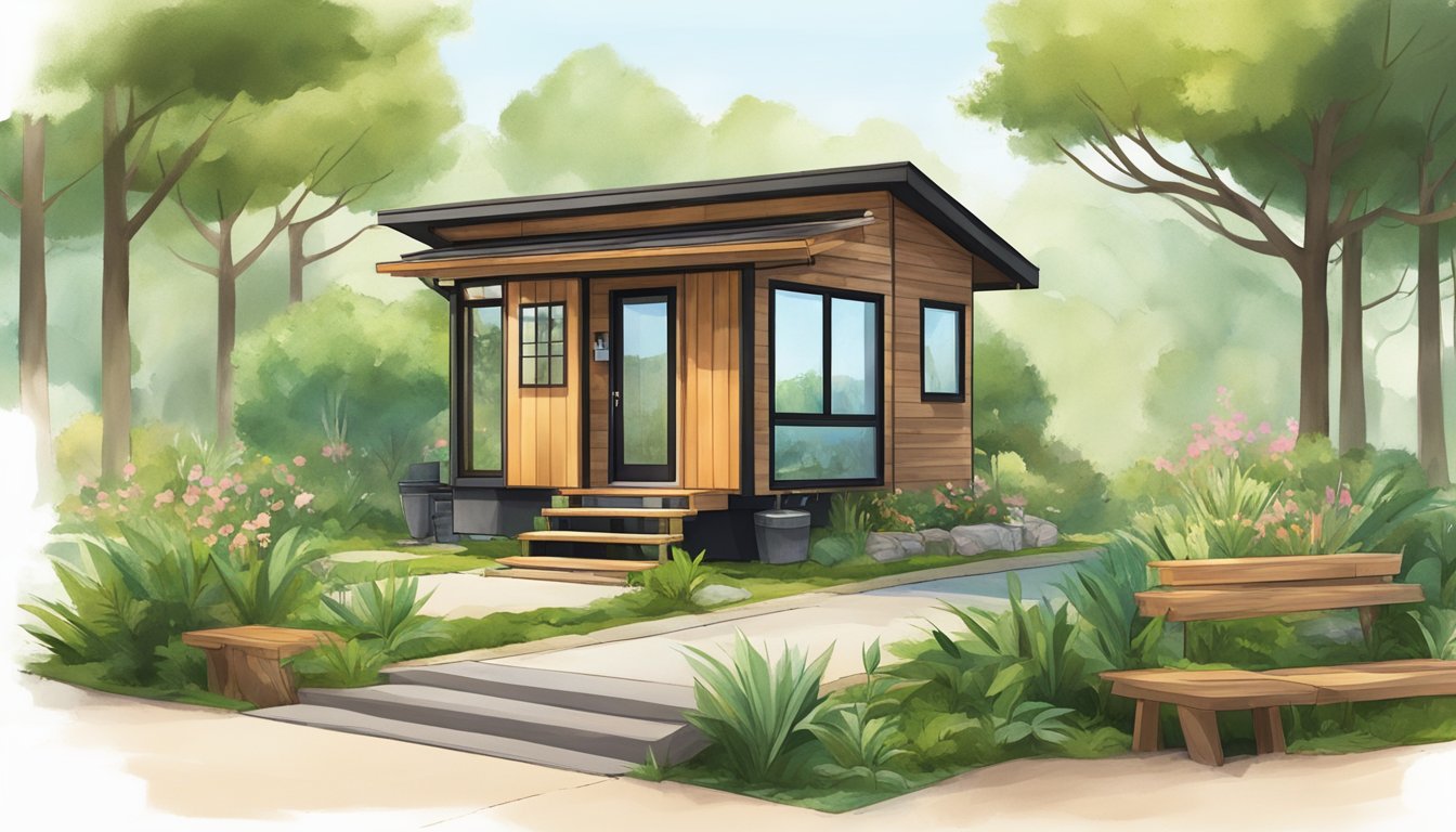 A serene zen tiny house nestled in a tranquil community, surrounded by lush greenery and a peaceful ambiance