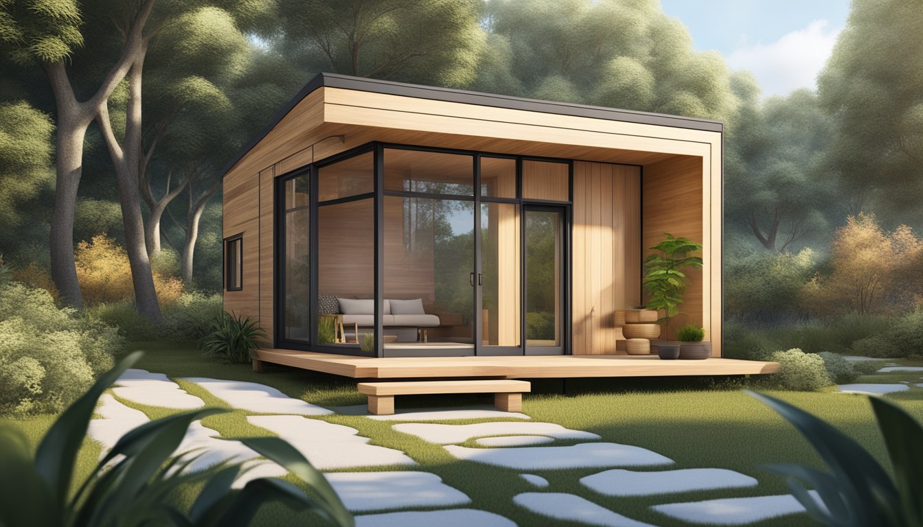 A serene zen tiny house surrounded by a peaceful garden, with a minimalist design and natural materials, blending harmoniously with the tranquil environment