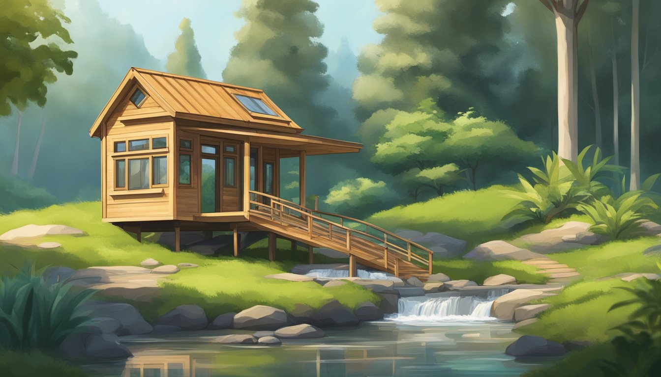 A serene zen tiny house nestled in nature, surrounded by lush greenery and a tranquil stream, with a small bridge leading to the front door